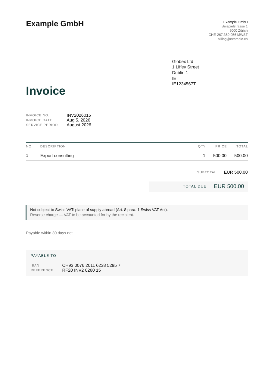 The generated export invoice PDF — no QR part, SEPA IBAN and reverse-charge note instead