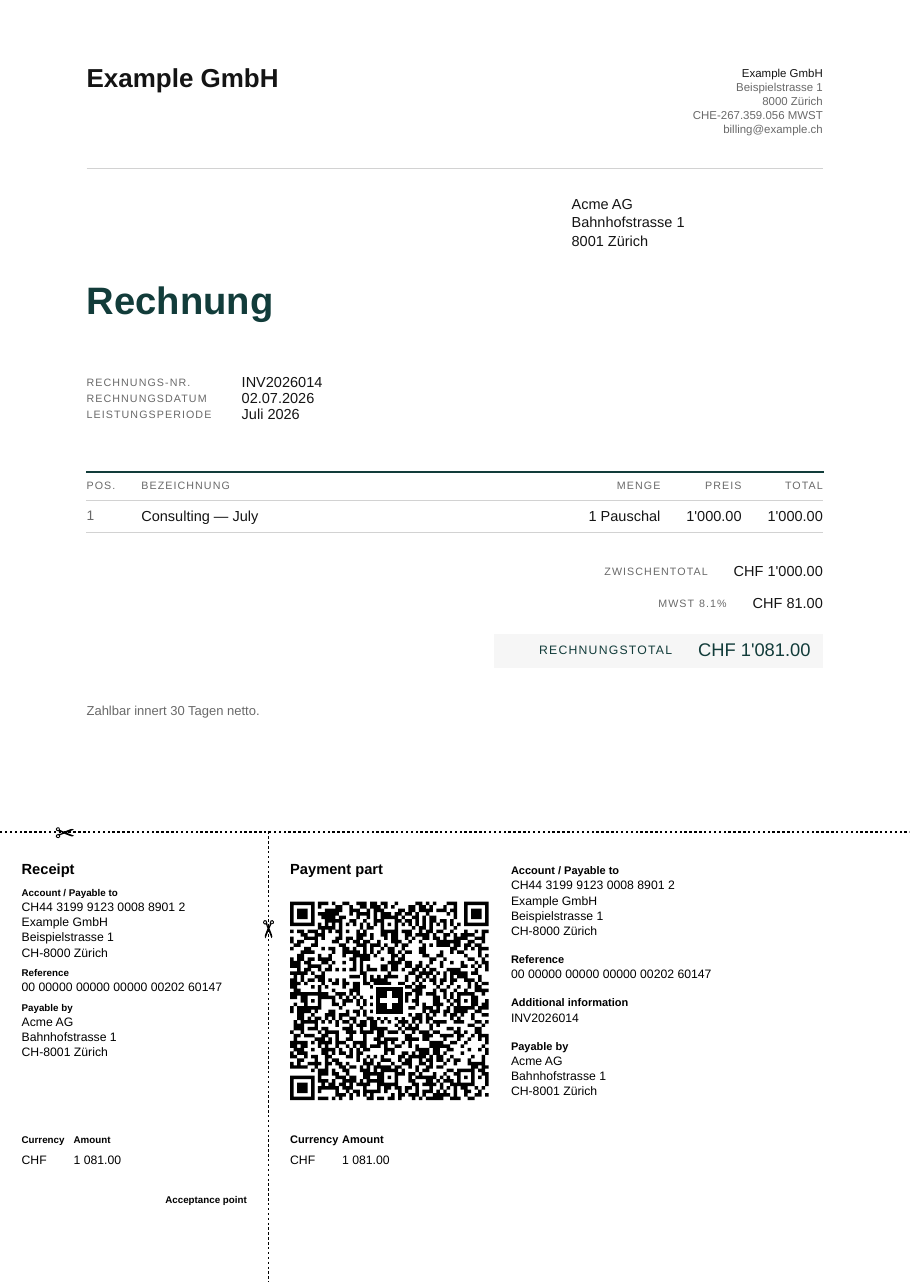 The generated Swiss QR-bill PDF, with receipt and payment part