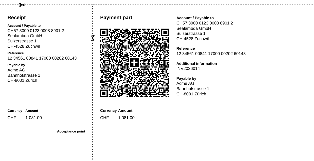 Payment part paid by QR reference: account CH57 3000 0123 0008 8901 2 (a QR-IBAN), reference 12 34561 00841 17000 00202 60143