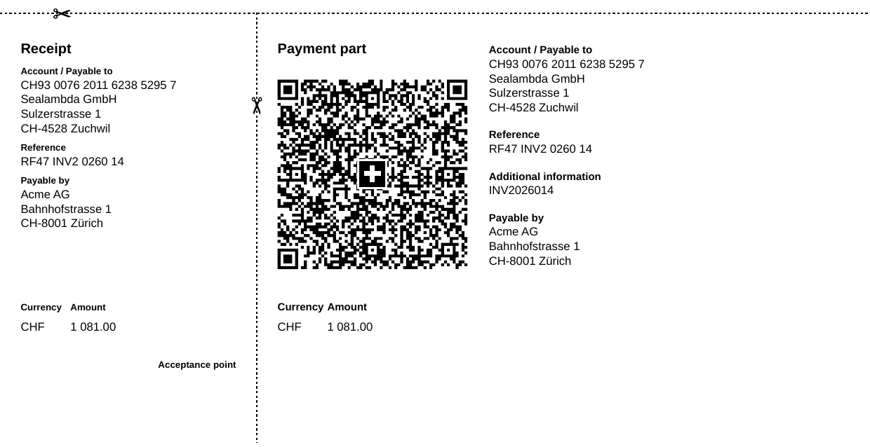 Payment part paid by creditor reference: account CH93 0076 2011 6238 5295 7, reference RF47 INV2 0260 14